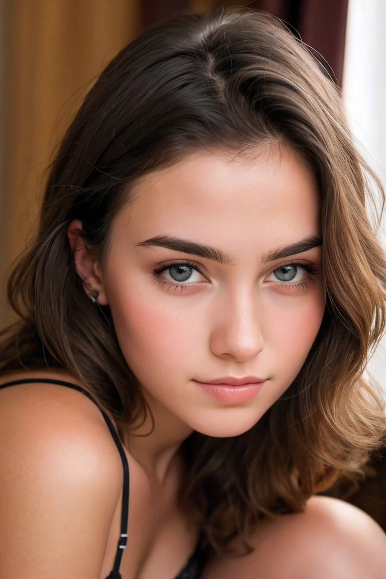 ((best quality)), ((Meisterwerk)), (Detailliert), Perfektes Gesicht(best quality)), ((Meisterwerk)), (Detailliert), Perfektes Gesicht,stunning realistic, photorealistic, photorealism, 1 beautiful spain girl,small nose,17 years old,Brown long hair,light curly hair,beautiful grey and hazel eyes,light sixpack, see through lingerie, netsocks to knees
