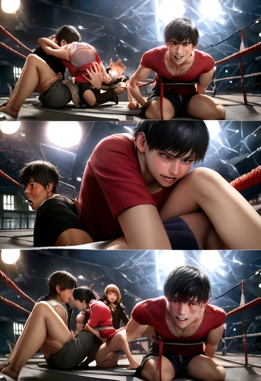 masterpiece, best quality,2boys,cute,shota,boxing,shirtless,sweat,black hair,blonde hair,muscle， --auto