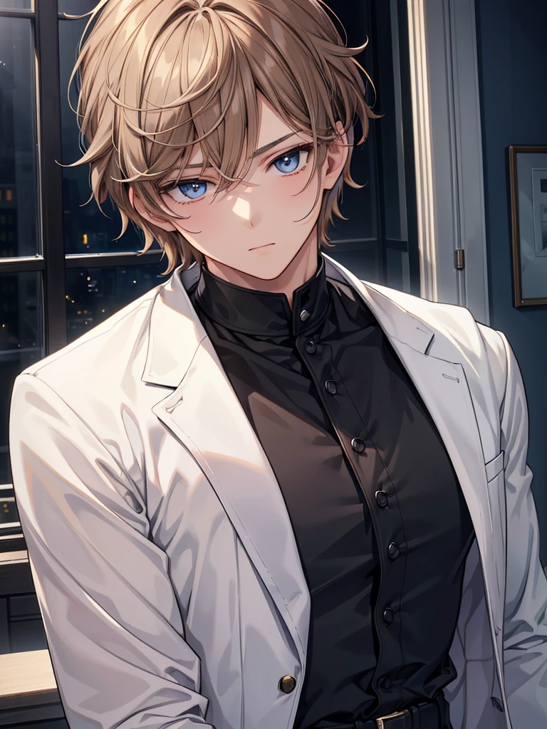 masterpiece, best quality, ultra-detailed,1boy,handsome,light brown hair,bangs between eyes,short hair,medium sideburns,light blue eyes,,black outfit, (extremely detailed head), (extremely detailed face), (extremely detailed hair)