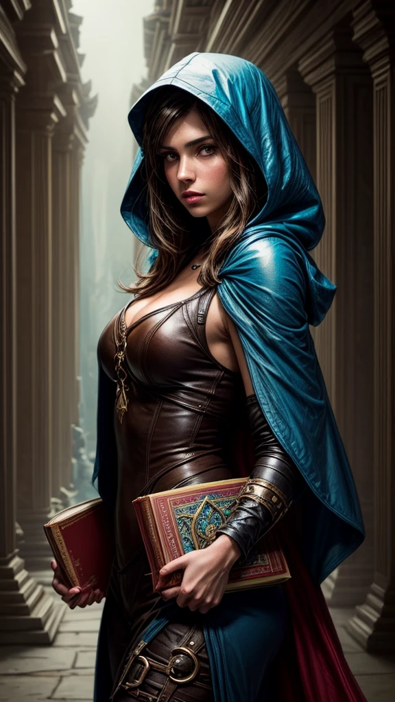 Speed painting of portrait of a fantasy female brunette human adventurer, with a blue hood, in a temple, D&D character, holding a large leather bound book with a butterfly on the book cover