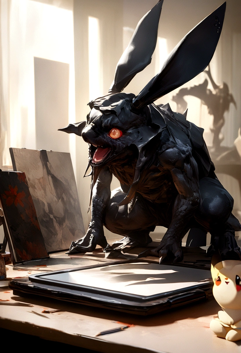 a bunny rabbit satue, rabbit with bat wings, animal statue in a cave