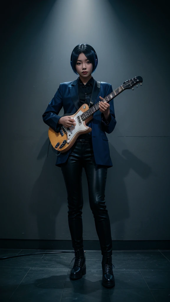A Beautiful cute korean girl, blue bob hair style, Playing blue electric guitar, Wearing long black blazer, Black pants, Black boots shoes, Extremely high defenition image, Dark blue vibe music stage background, rock style