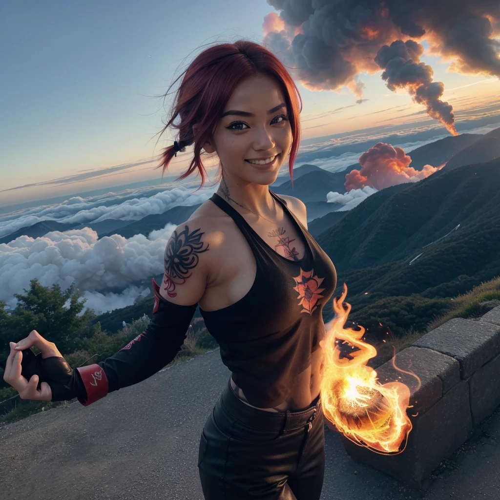 In flames,loimu, Fine detail, 4K, 8K, Flames from the hands, Solo, 1人, a beauty girl, caucasian female, Upper body, Light blue hair, Bibi in One Piece, punch,Stick out your hand,Strong gaze,a smile