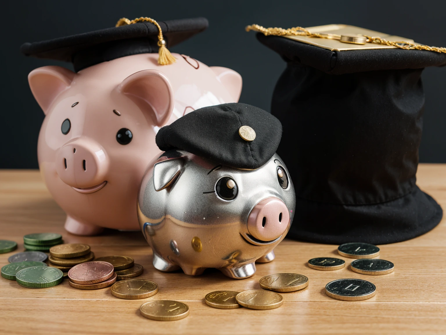 Piggy bank with a black graduation hat with coins as educational loan symbol