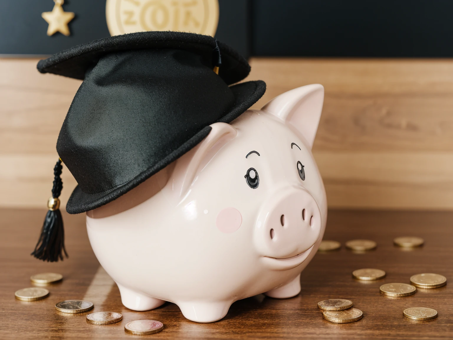 Piggy bank with a black graduation hat with coins as educational loan symbol