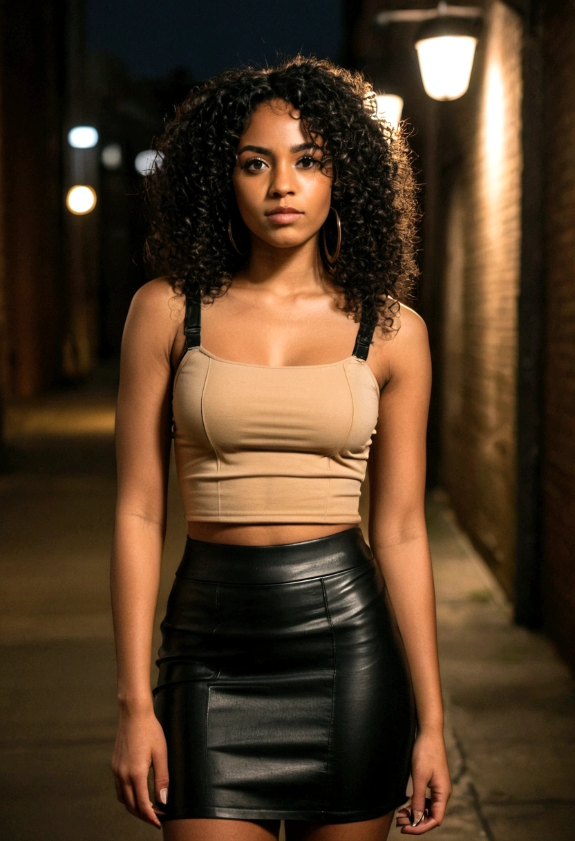 A young woman with melanin-rich skin with curly dark hair wearing a beige crop top and black leather skirt , standing in a dimly lit urban setting