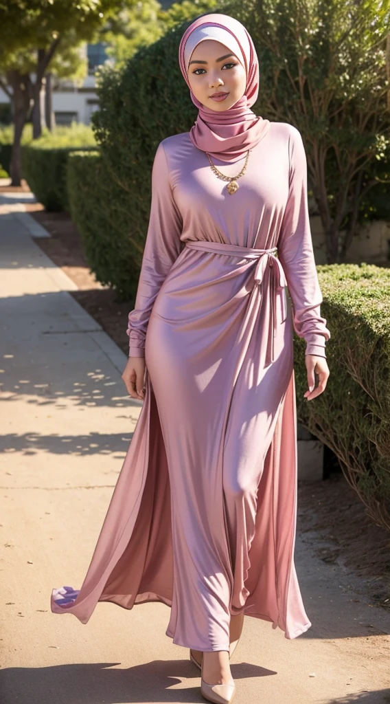 RAW, Best quality, high resolution, masterpiece: 1.3), beautiful Malay woman in hijab,Masterpiece, perfect slim fit body, Huge breast,big gorgeous eyes, Soft smile, woman in pink walking down dirt road, hijab, wearing pink dress, wearing pink dress, beautiful woman, when the sun shines, pastel pink, soft silk dress, actress, women's long dress, peach and goma style, siya oum, thigh thick, big breasts, stylish like a fashion show , (Delicate turtleneck) , necklace, shairband, afternoon walk, City garden, Excellent lighting, Bright colors, Clean lines