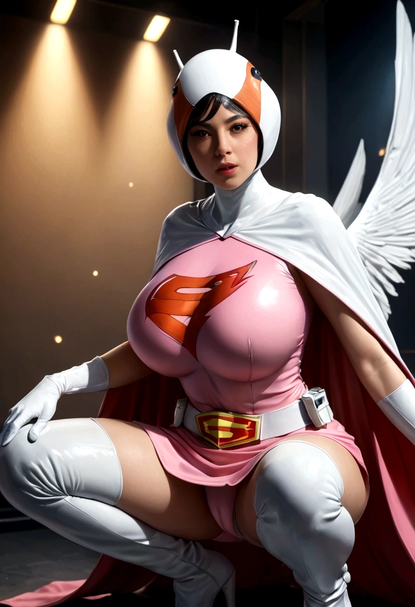 A girl in pink Gatchaman costume, long boots, long gloves, squatting, detailed face, H3JTS, giga_busty, best quality, 4k, 8k, highres, masterpiece:1.2, ultra-detailed, realistic, photorealistic, photo-realistic:1.37, HDR, UHD, studio lighting, ultra-fine painting, sharp focus, physically-based rendering, extreme detail description, professional, vivid colors, bokeh, concept art