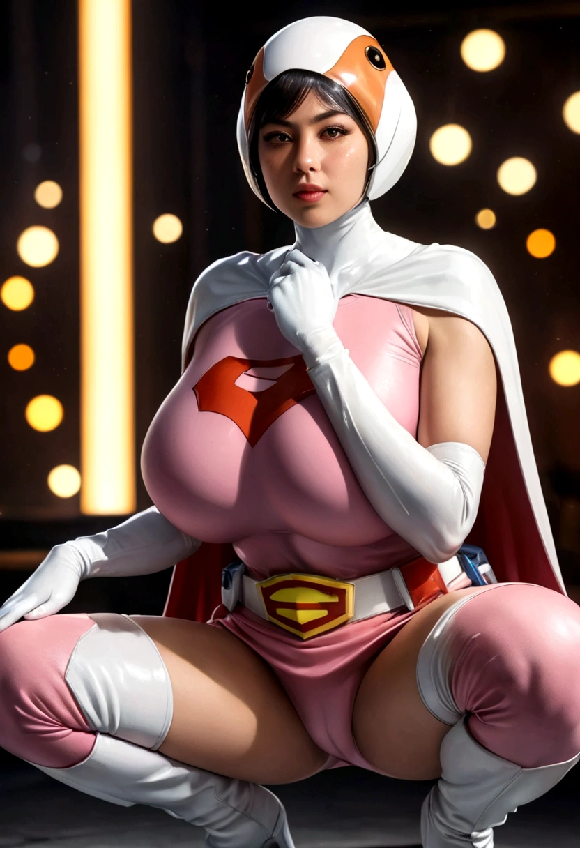 A girl in pink Gatchaman costume, long boots, long gloves, squatting, detailed face, H3JTS, giga_busty, best quality, 4k, 8k, highres, masterpiece:1.2, ultra-detailed, realistic, photorealistic, photo-realistic:1.37, HDR, UHD, studio lighting, ultra-fine painting, sharp focus, physically-based rendering, extreme detail description, professional, vivid colors, bokeh, concept art