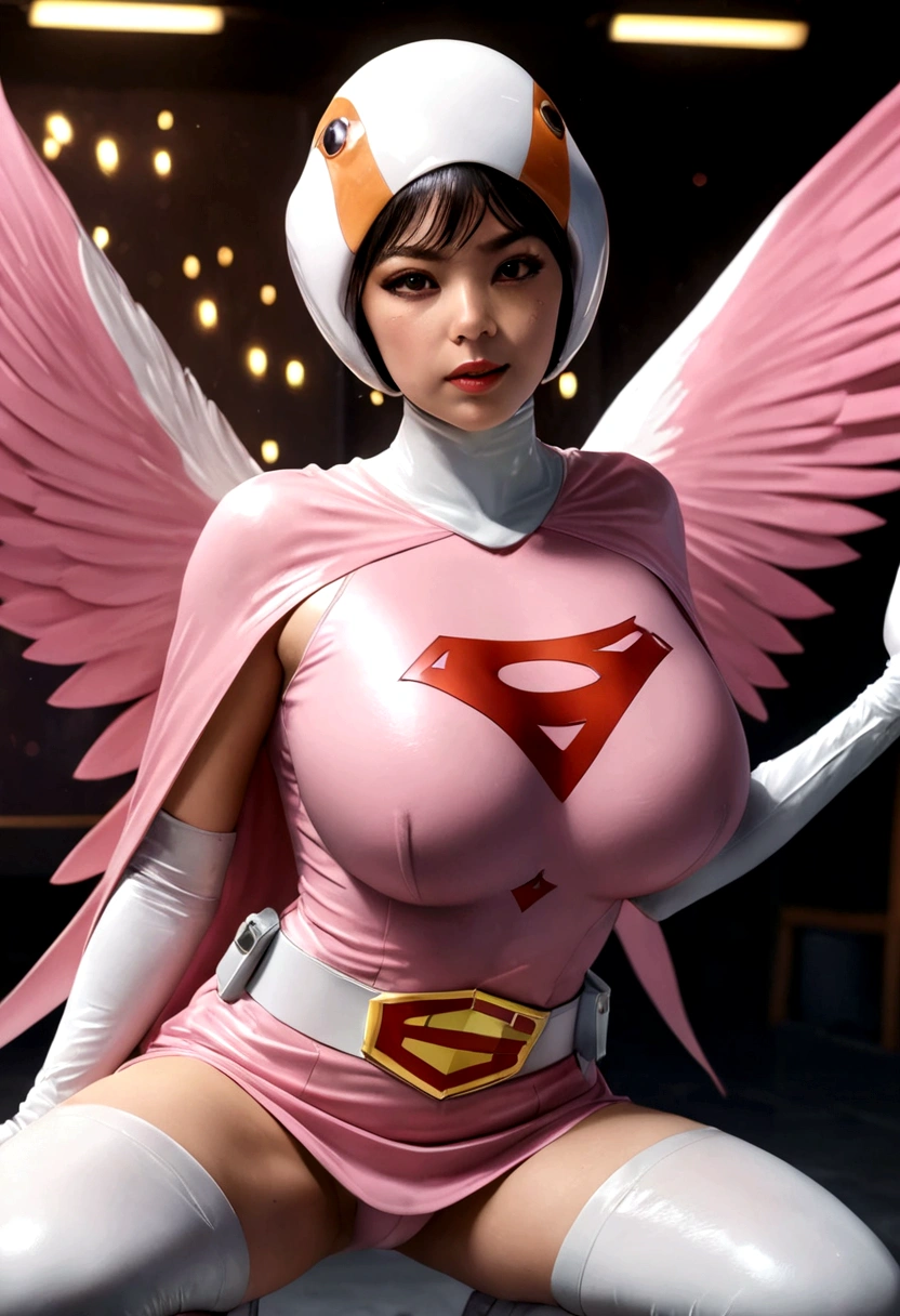 A girl in pink Gatchaman costume, long boots, long gloves, squatting, detailed face, H3JTS, giga_busty, best quality, 4k, 8k, highres, masterpiece:1.2, ultra-detailed, realistic, photorealistic, photo-realistic:1.37, HDR, UHD, studio lighting, ultra-fine painting, sharp focus, physically-based rendering, extreme detail description, professional, vivid colors, bokeh, concept art