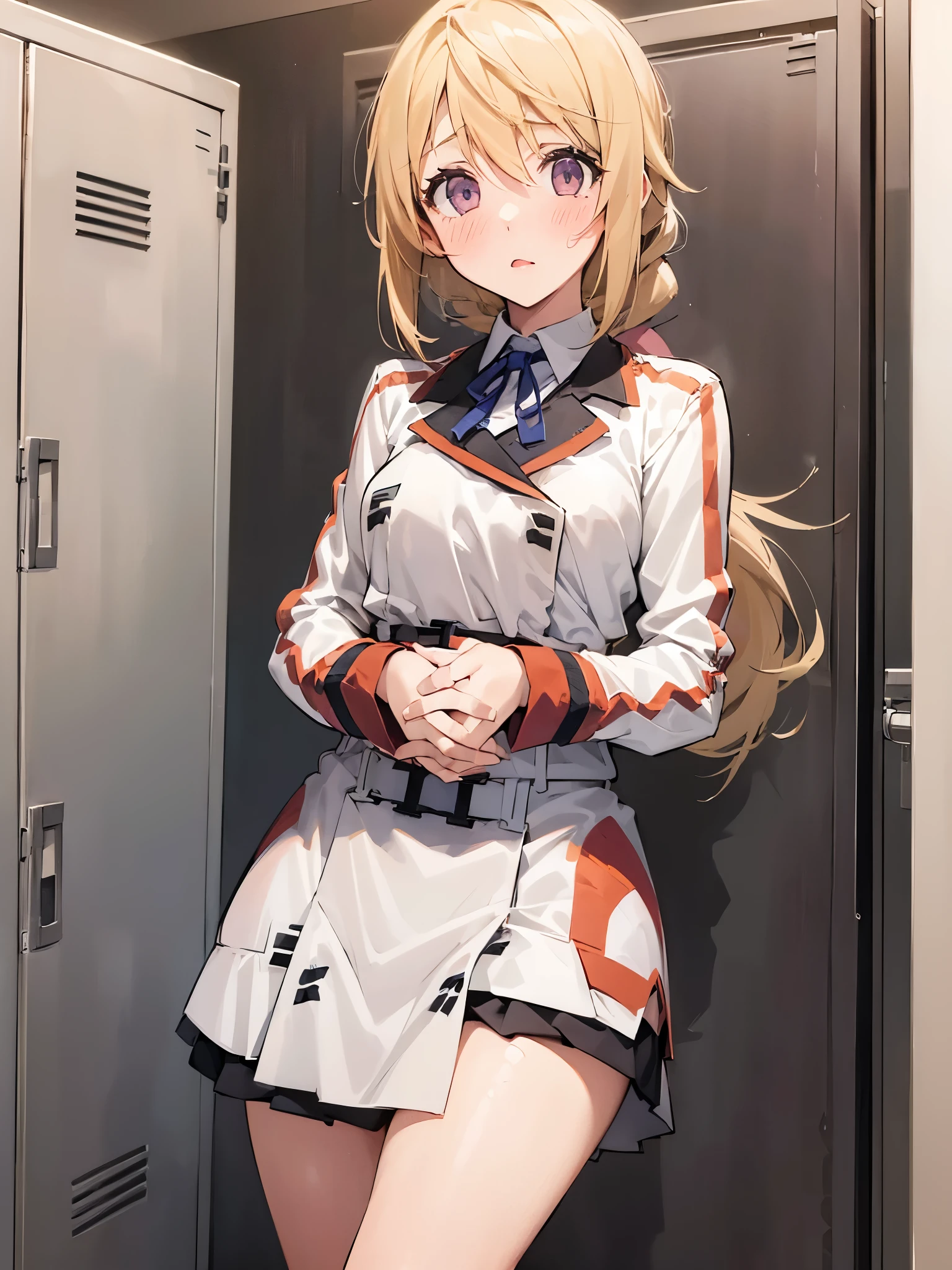 NSFW,(One girl:1.5),sd1、Charlotte Dunois、ponytail、uniform、skirt、Hair Ribbon、belt、Long sleeve,(Perfect hands),(Perfect Anatomy),(masterpiece),(highest quality),Embarrassed,blush,locker room,locker