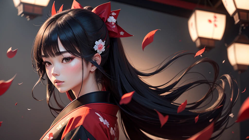 Sharaku,portrait of a woman,located in the center of the image, Some Japanese effects and decorations are sprinkled throughout the photo、night、Home、long black hair、princess cut、being blown by the wind、red petals are dancing