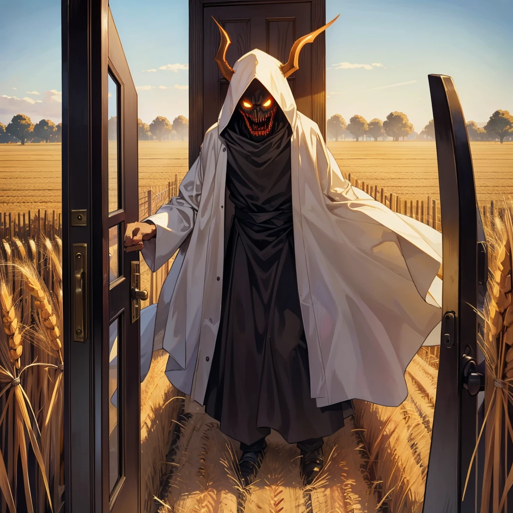 tall and light demon scary face, terrifying, outside door, at wheat field
