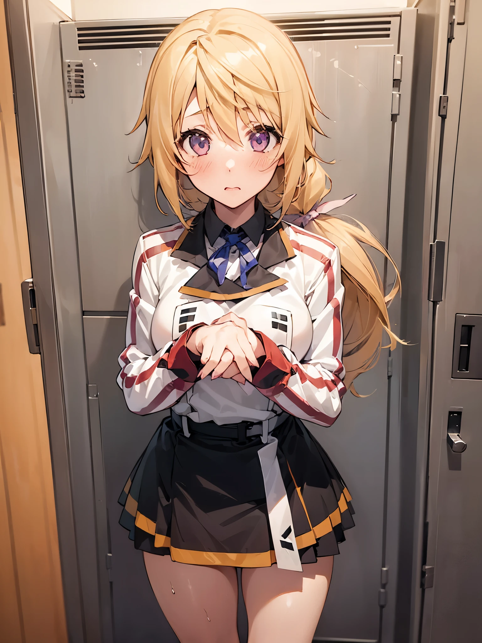 NSFW,(One girl:1.5),sd1、Charlotte Dunois、ponytail、uniform、skirt、Hair Ribbon、belt、Long sleeve,(Perfect hands),(Perfect Anatomy),(masterpiece),(highest quality),Embarrassed,blush,locker room,locker