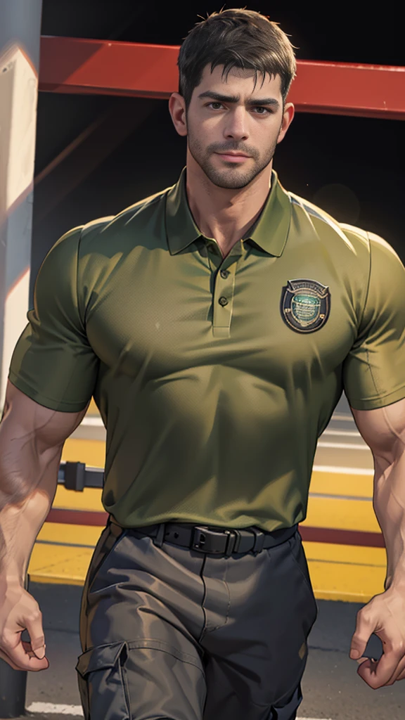 (Create a masterpiece: 1.2),(CGI art:1.3),(realistic:1.5),(After processing:1.3),(Sharp focus:1.3),1 man ,sunglass, straight, front ,Chris Redfield ,(black hair), smile open mouth, (Wear color olive green polo with a Police badge: 1.2), olive green cargo, Korean guy , korean men, (High gloss details), chest muscles, large arm muscles, blood vessel, Big muscles, Broad shoulders, looking at the audience, Balancing the eyes, middle of the road ,walk to camera,(Run and fight:1.6)
