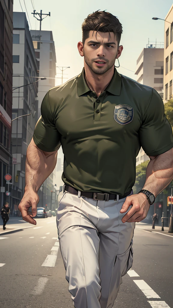 (Create a masterpiece: 1.2),(CGI art:1.3),(realistic:1.5),(After processing:1.3),(Sharp focus:1.3),1 man ,sunglass, straight, front ,Chris Redfield ,(black hair), smile open mouth, (Wear color olive green polo with a Police badge: 1.2), olive green cargo, Korean guy , korean men, (High gloss details), chest muscles, large arm muscles, blood vessel, Big muscles, Broad shoulders, looking at the audience, Balancing the eyes, middle of the road ,walk to camera,(Run and fight:1.6)