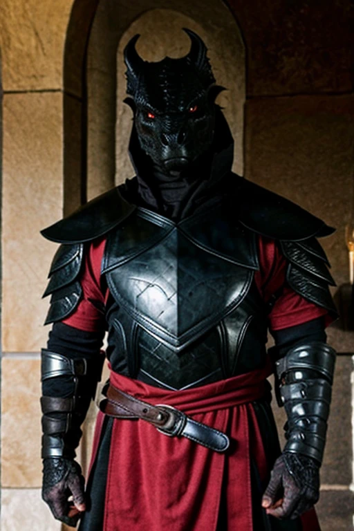 A male black Dragonborn with red eyes, wearing medium black armor and longsword