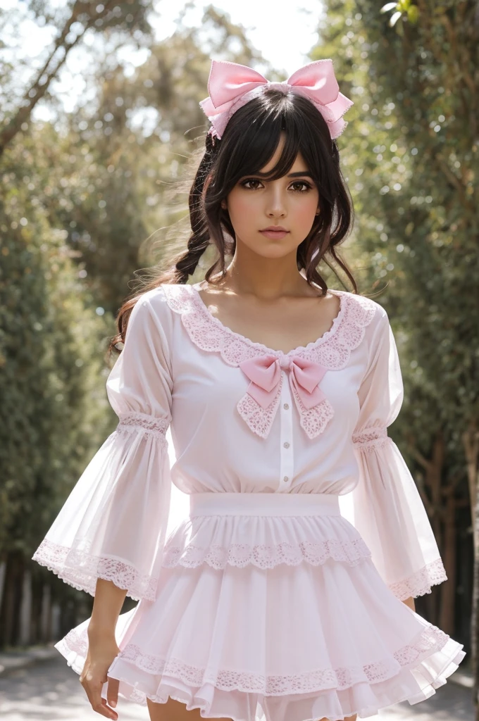 Personaje femenino, cabello largo blanco,pink back ribbon,ojos rosa brillantes,dos cuernos blancos,with pink bows,una blusa de manga larga,negra,zapatos blancos y negros, medias transparentes