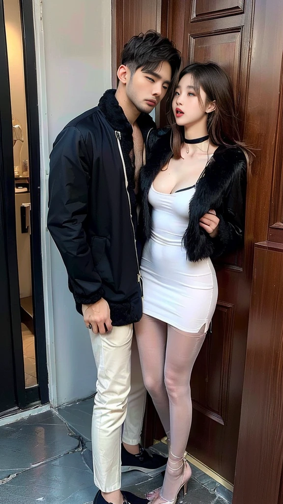 (((NFSW : 1.2))), (((pornography))), (realistic), (intricate details:1.2), (masterpiece、:1.3), (top quality:1.4), (Ultra A high resolution:1.2), Ultra A high resolution, 8K resolution, very detailed expression, dark, (high quality), complete anatomy, natural anatomy, full body photo, (1 Girl being caress by 2 men at night : 1.6), she is 21 years old, (call girl:1.5), (prostitute: 1.5), (she is korean:1.6), (beautiful : 1.4), (Dyed fancy colored hair banging), (big earrings), heavy makeup, Confusing wording, choker necklace, long legs, (a girl weared slim feminine dress and pantyhose. : 1.4), (a girl weared strappy high heels :1.4), (a girl is wearing a fur jacket :1.4), (2 men being weared t shirts and training pants : 1.3), (2 men are the house's owner : 1.4), glowing skin,(eye contact each other :1.4), (the men tie up her arms behind back:1.4), (((orgasm : 1.4))), (((moaning : 1.2))),(She being caught and sexually harassed by 2 men : 1.5), (she be forcibly raped by 2 men : 1.5), violated by them, She can not resist holding her arms grabbed by men., his dicks are being inserted into her pussy and anal., a man tighten her panty, a man tears off her pantyhose to explore her pussy, grabed ass, (The men grabbed her thighs.), caress, fondle, (the front door of the house : 1.6), (detailed background:1.2),(She has fun with several Korean men : 1.4),