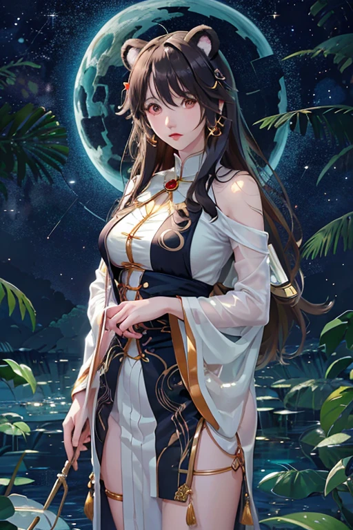 Colored line art night quiet starry sky and lake water, water lily, Bridge, Very realistic and detailed painting, pencil, Colored pencils,Yamata no Orochi、Beautuful Women8a person、