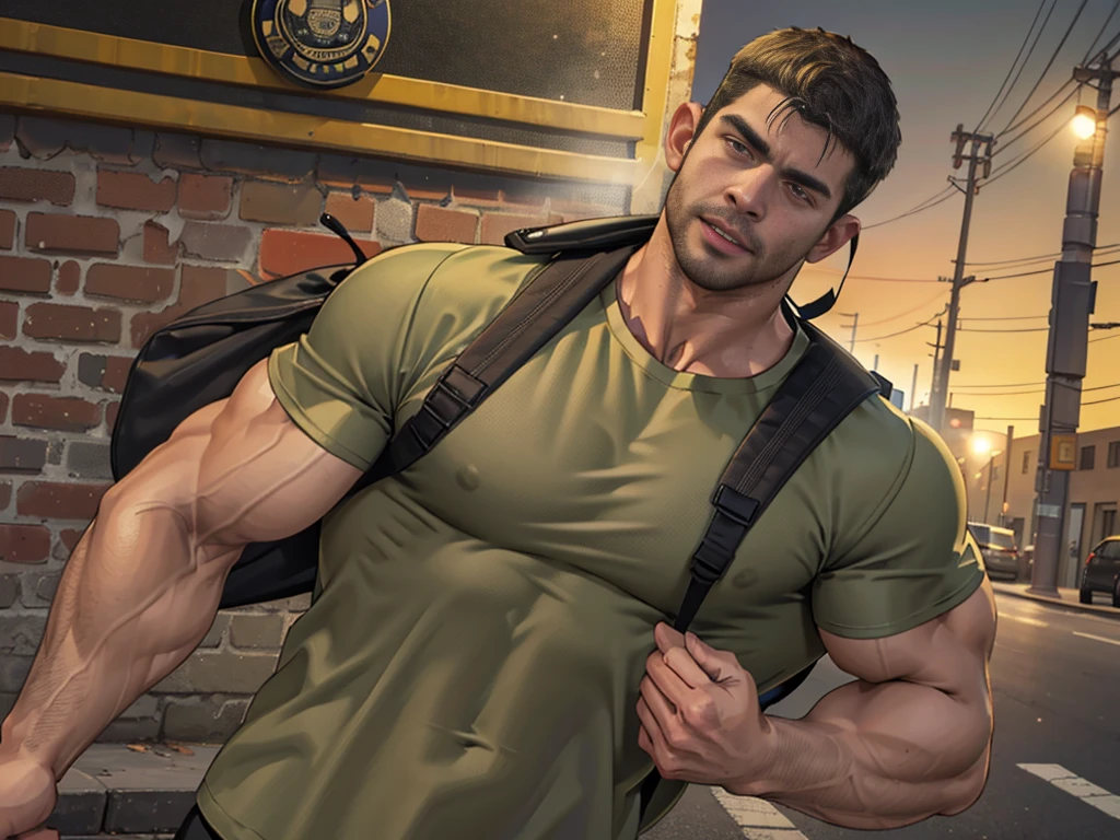 (Create a masterpiece: 1.2),(CGI art:1.3),(realistic:1.5),(After processing:1.3),(Sharp focus:1.3), Chris Redfield kneels, Shocked, open mouth wide, Arms beside the body, straight, front ,,(black hair), smile open mouth, (Wear color olive green round neck T-shirt: 1.5), (with a Police badge: 1.2), olive green cargo, Korean guy , korean men, (High gloss details), chest muscles, large arm muscles, blood vessel, Big muscles, Broad shoulders, looking at the audience, Balancing the eyes, middle of the road , (Carrying a black backpack: 1.3) ,walk to camera