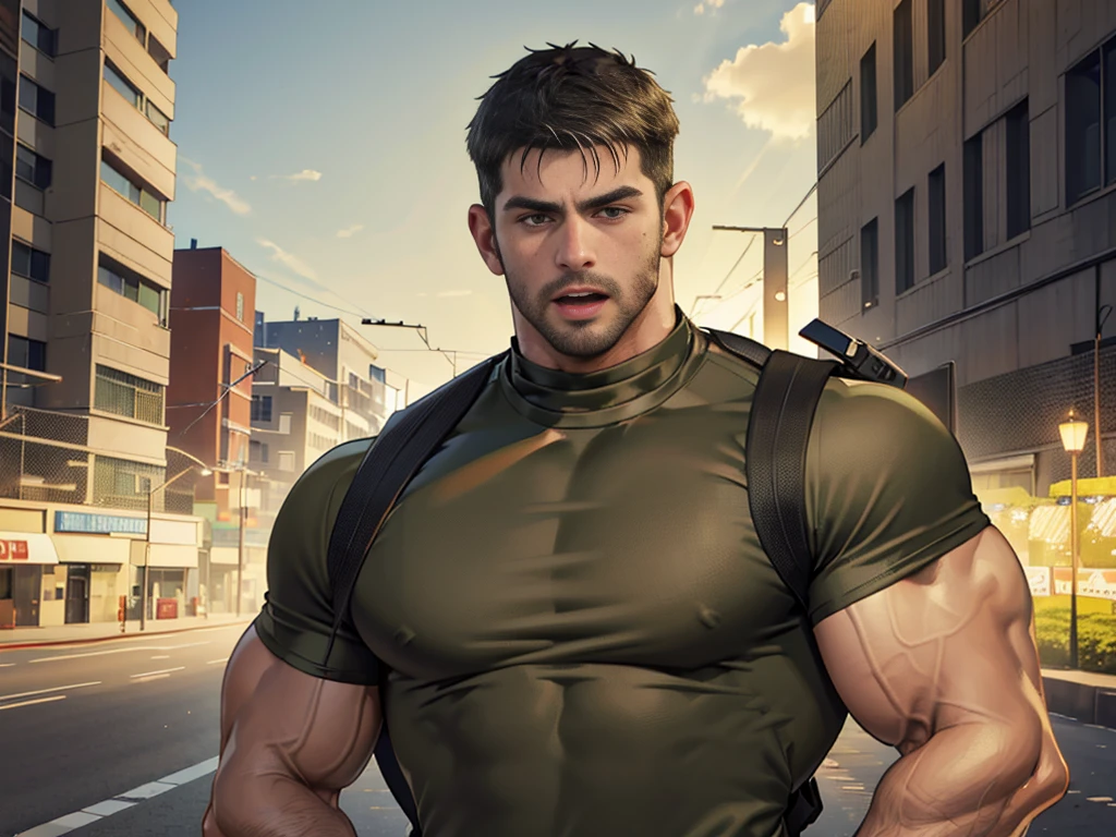 (Create a masterpiece: 1.2),(CGI art:1.3),(realistic:1.5),(After processing:1.3),(Sharp focus:1.3), Chris Redfield kneels, Shocked, open mouth wide, Arms beside the body, straight, front ,,(black hair), smile open mouth, (Wear color olive green round neck T-shirt: 1.5), (with a Police badge: 1.2), olive green cargo, Korean guy , korean men, (High gloss details), chest muscles, large arm muscles, blood vessel, Big muscles, Broad shoulders, looking at the audience, Balancing the eyes, middle of the road , (Carrying a black backpack: 1.3) ,walk to camera