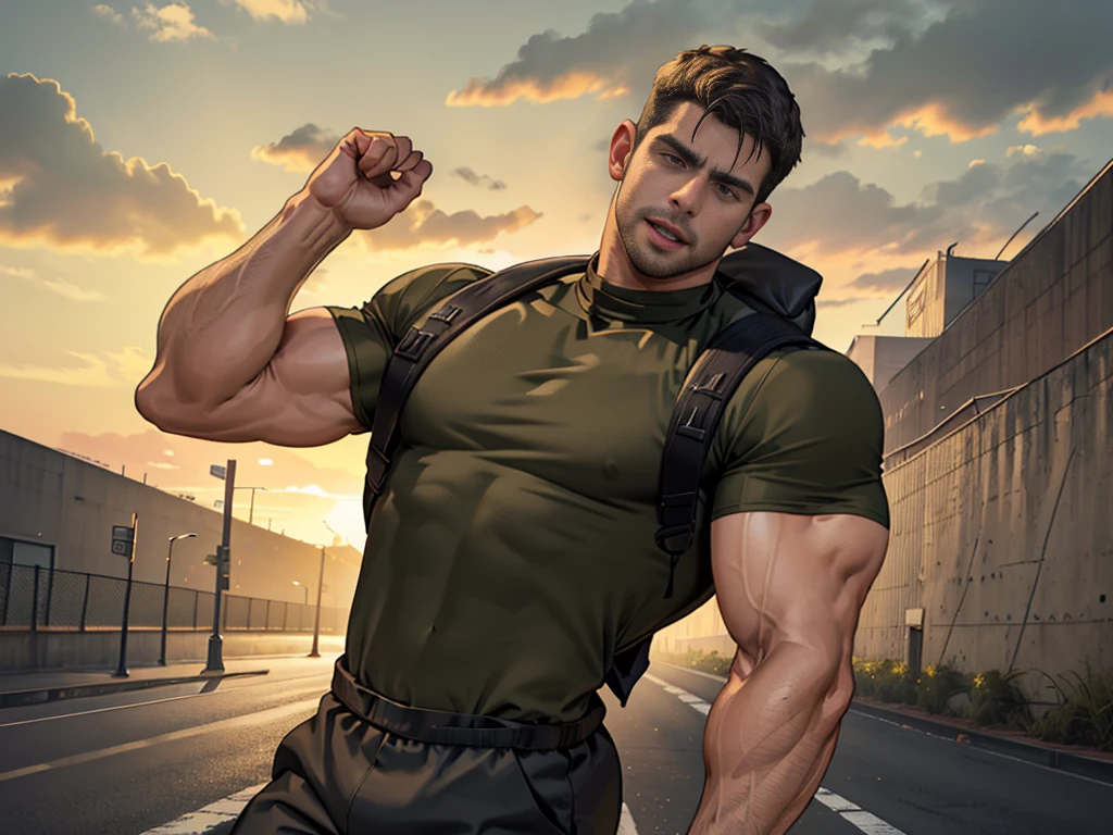 (Create a masterpiece: 1.2),(CGI art:1.3),(realistic:1.5),(After processing:1.3),(Sharp focus:1.3), Chris Redfield kneels, Shocked, open mouth wide, Arms beside the body, straight, front ,,(black hair), smile open mouth, (Wear color olive green round neck T-shirt: 1.5), (with a Police badge: 1.2), olive green cargo, Korean guy , korean men, (High gloss details), chest muscles, large arm muscles, blood vessel, Big muscles, Broad shoulders, looking at the audience, Balancing the eyes, middle of the road , (Carrying a black backpack: 1.3) ,walk to camera