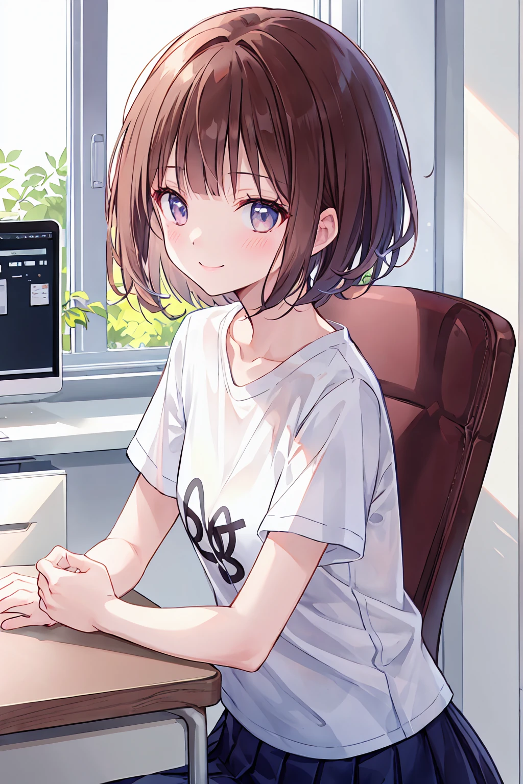 Frame In, Face and body from the front, View from the front, Upper Body, high quality, Very high resolution, high quality, Very high resolution, pretty girl, Brown Hair, amount, Blunt bangs, Bobcut, blush, Raked up bangs, Wearing a plain T-shirt, upright, Pleated skirt, Work Desk, Sit in a work chair, smile, Leaning forward, At the office