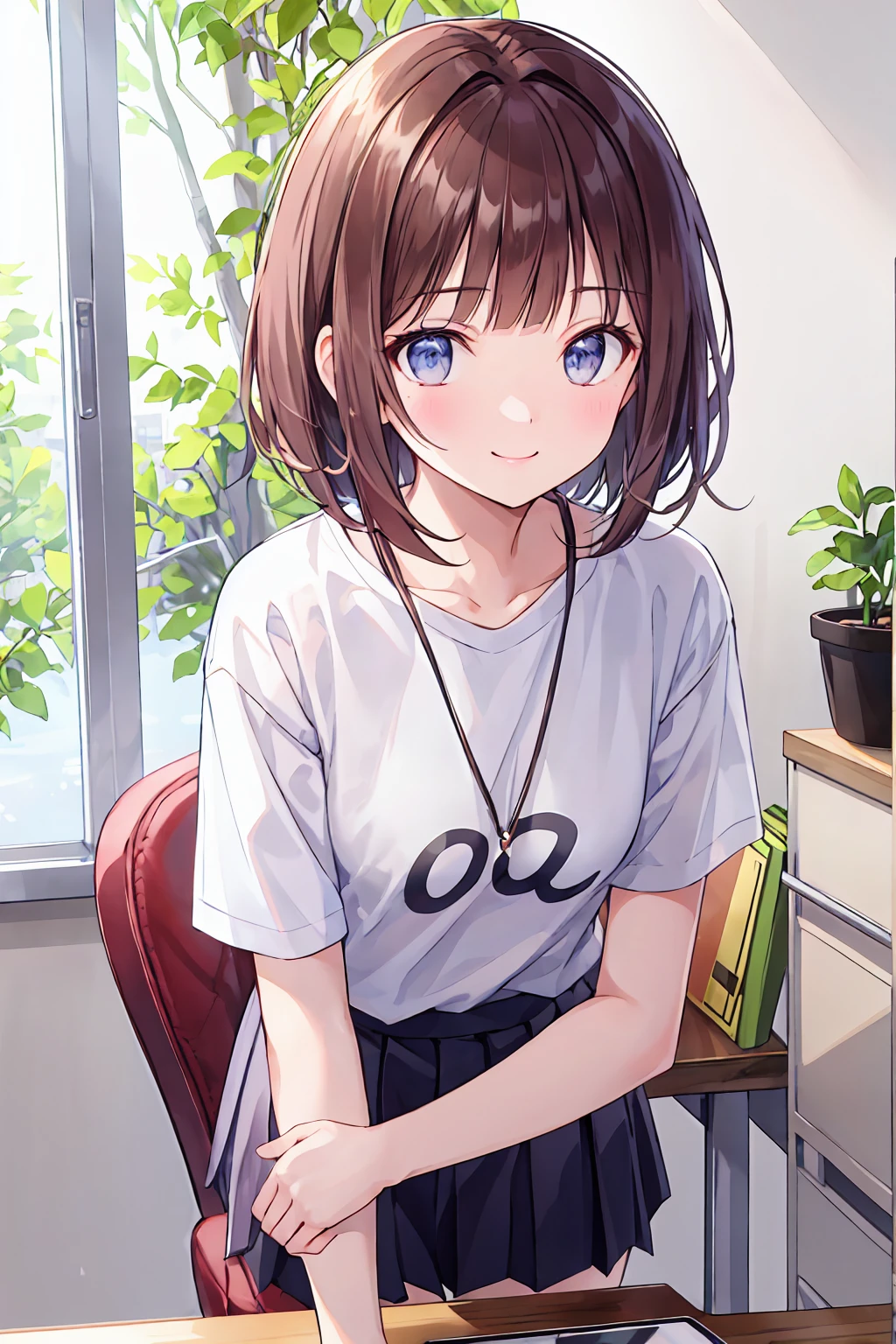 Frame In, Face and body from the front, View from the front, Upper Body, high quality, Very high resolution, high quality, Very high resolution, pretty girl, Brown Hair, amount, Blunt bangs, Bobcut, blush, Raked up bangs, Wearing a plain T-shirt, upright, Pleated skirt, Work Desk, Sit in a work chair, smile, Leaning forward, At the office