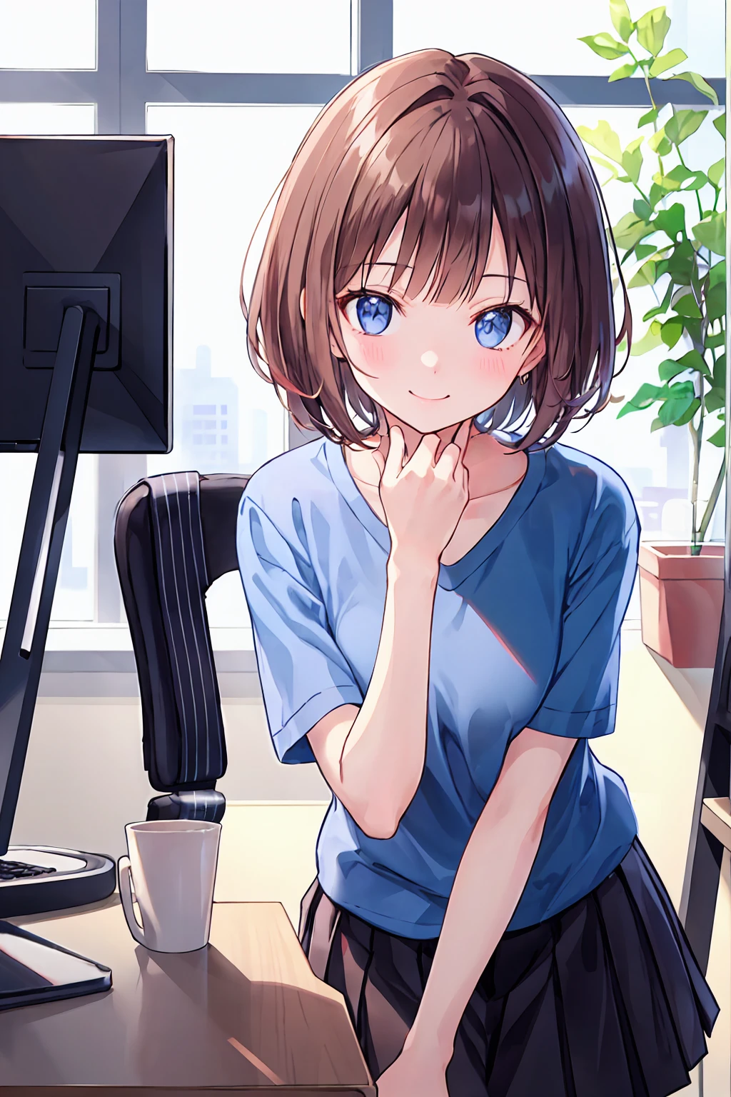Frame In, Face and body from the front, View from the front, Upper Body, high quality, Very high resolution, high quality, Very high resolution, pretty girl, Brown Hair, amount, Blunt bangs, Bobcut, blush, Raked up bangs, Wearing a plain T-shirt, upright, Pleated skirt, Work Desk, Sit in a work chair, smile, Leaning forward, At the office