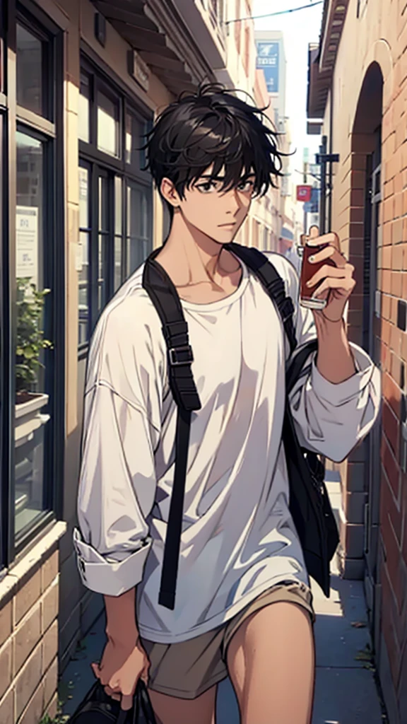 Man, college student, black hair, loose shirt,