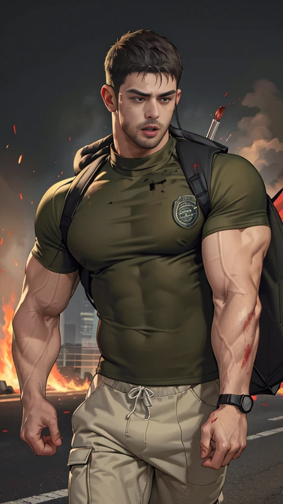 (Create a masterpiece: 1.2),(CGI art:1.3),(realistic:1.5),(After processing:1.3),(Sharp focus:1.3), (Chris Redfield), Shocked, open mouth wide, Arms beside the body, straight, front ,,(black hair), smile open mouth, (Wear color olive green round neck T-shirt: 1.5), (with a Police badge: 1.2), olive green cargo, black glove, (blood splatters) ,( abrasions on face: 1.2), (Blood stains on the face and body: 1.2), Korean guy , korean men, (High gloss details), chest muscles, large arm muscles, blood vessel, Big muscles, Broad shoulders, looking at the audience, Balancing the eyes, middle of the road , (Carrying a black backpack: 1.3) ,walk to camera ,(Fire blazes behind)