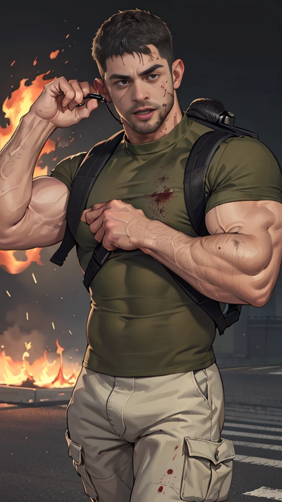 (Create a masterpiece: 1.2),(CGI art:1.3),(realistic:1.5),(After processing:1.3),(Sharp focus:1.3), (Chris Redfield), Shocked, open mouth wide, Arms beside the body, straight, front ,,(black hair), smile open mouth, (Wear color olive green round neck T-shirt: 1.5), (with a Police badge: 1.2), olive green cargo, black glove, (blood splatters) ,( abrasions on face: 1.2), (Blood stains on the face and body: 1.2), Korean guy , korean men, (High gloss details), chest muscles, large arm muscles, blood vessel, Big muscles, Broad shoulders, looking at the audience, Balancing the eyes, middle of the road , (Carrying a black backpack: 1.3) ,walk to camera ,(Fire blazes behind)