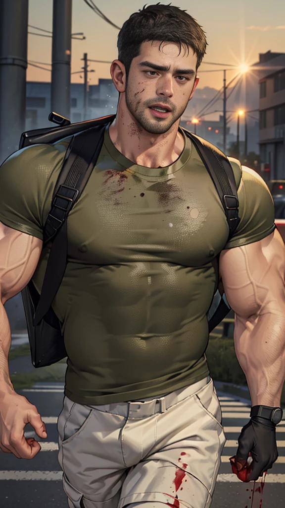 (Create a masterpiece: 1.2),(CGI art:1.3),(realistic:1.5),(After processing:1.3),(Sharp focus:1.3), (Chris Redfield), Shocked, open mouth wide, Arms beside the body, straight, front ,,(black hair), smile open mouth, (Wear color olive green round neck T-shirt: 1.5), (with a Police badge: 1.2), olive green cargo, black glove, (blood splatters) ,( abrasions on face: 1.2), (Blood stains on the face and body: 1.2), Korean guy , korean men, (High gloss details), ????? muscles, large arm muscles, blood vessel, Big muscles, Broad shoulders, looking at the audience, Balancing the eyes, middle of the road , (Carrying a black backpack: 1.3) ,walk to camera ,(Fire blazes behind)