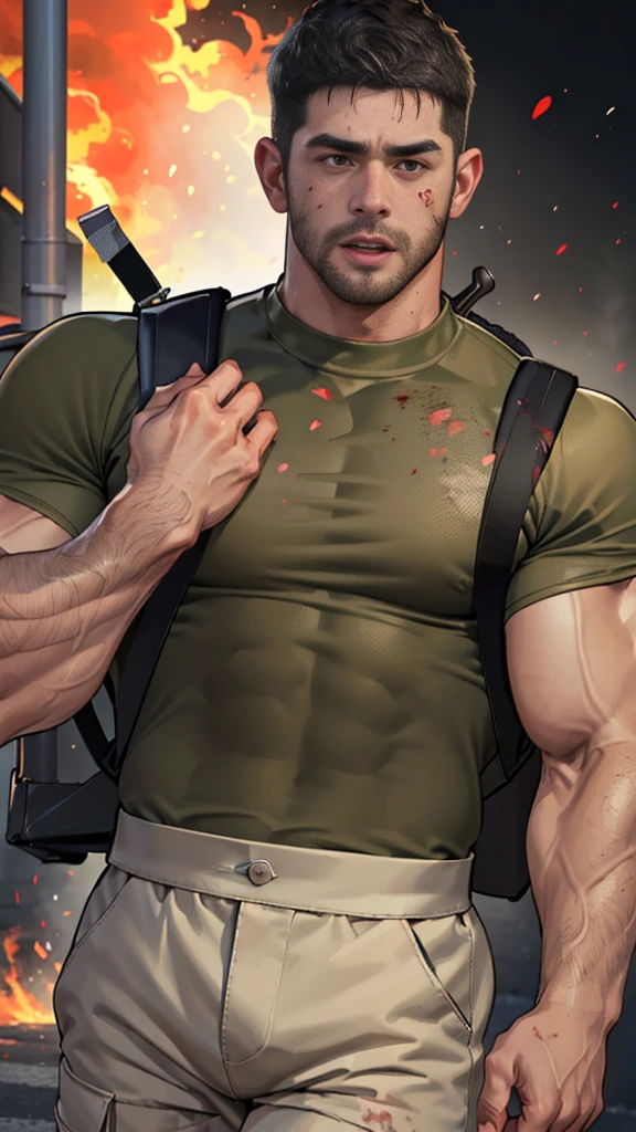 (Create a masterpiece: 1.2),(CGI art:1.3),(realistic:1.5),(After processing:1.3),(Sharp focus:1.3), (Chris Redfield), Shocked, open mouth wide, Arms beside the body, straight, front ,,(black hair), smile open mouth, (Wear color olive green round neck T-shirt: 1.5), (with a Police badge: 1.2), olive green cargo, black glove, (blood splatters) ,( abrasions on face: 1.2), (Blood stains on the face and body: 1.2), Korean guy , korean men, (High gloss details), chest muscles, large arm muscles, blood vessel, Big muscles, Broad shoulders, looking at the audience, Balancing the eyes, middle of the road , (Carrying a black backpack: 1.3) ,walk to camera ,(Fire blazes behind)