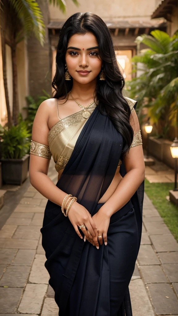 21yo girl, black hair, walking in a moonlit courtyard, exotic girl, bbw chubby indian women, looking at the viewer, shining skin, perfect lighting, the embodiment of grace and elegance, (saree ),  clear details, beautiful, detailed eyes, detailed pupil, volumetric lighting, Ultra Detailed, unity 8k wallpaper, ultra detailed, aesthetic, masterpiece, best quality, photorealistic smiling, marriage function,