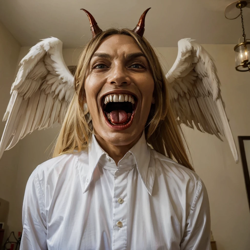 tall and light demon scary face, terrifying, in a day, angelic devil, smiling, outside the door