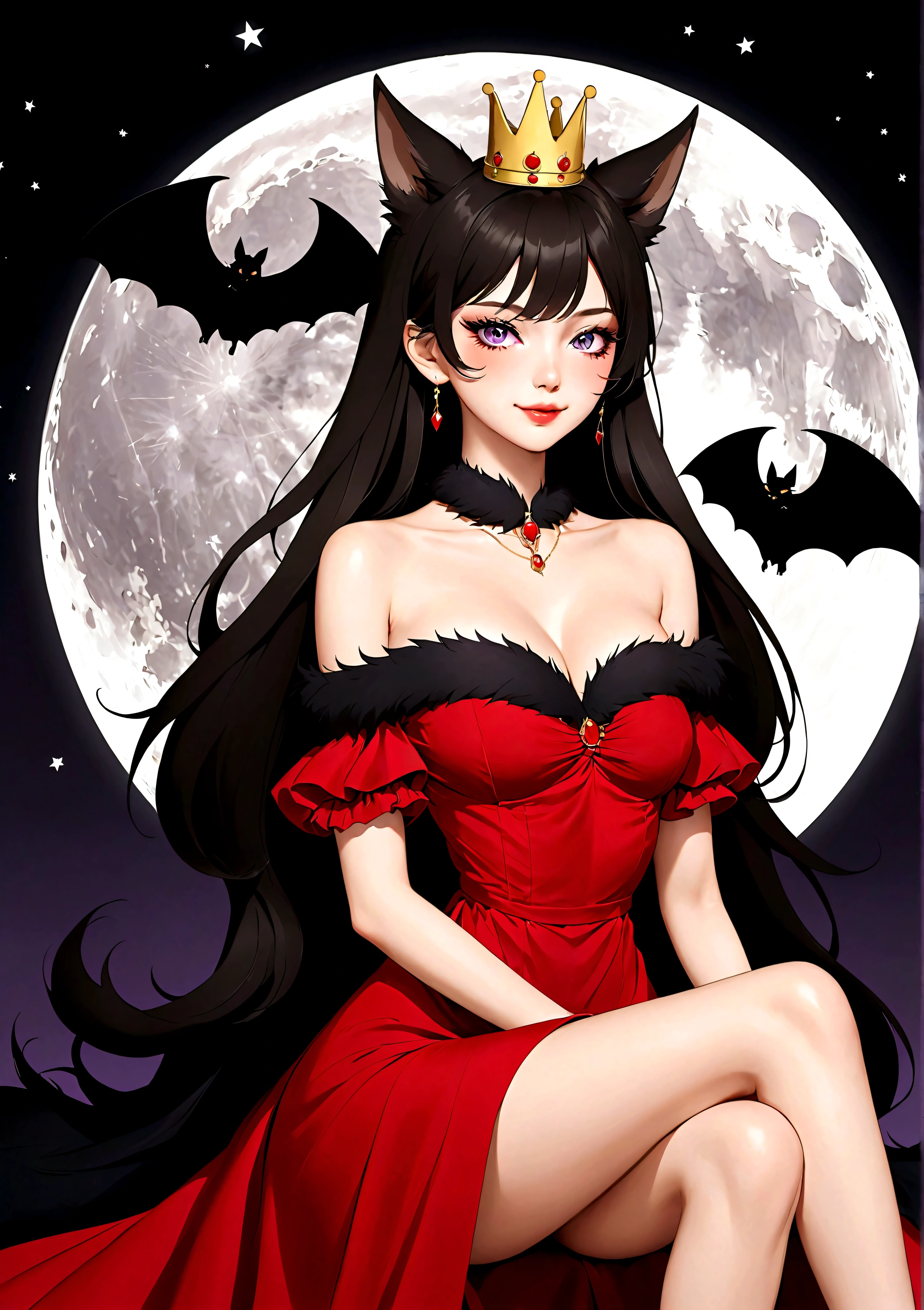 Vector，flat，Simple and smooth lines，A beautiful illustration：Big Bad Wolf:1.37.Beautiful girl sitting elegantly，(((She has a beauty spot:1.37)))，Purple Eyes，Delicate lashes，Smile，Smooth skin，Long black hair，Wolf ears， Small Crown，Red dress with fur collar，Long legs。温顺的Big Bad Wolf。Correct human anatomy，moonlight，bat