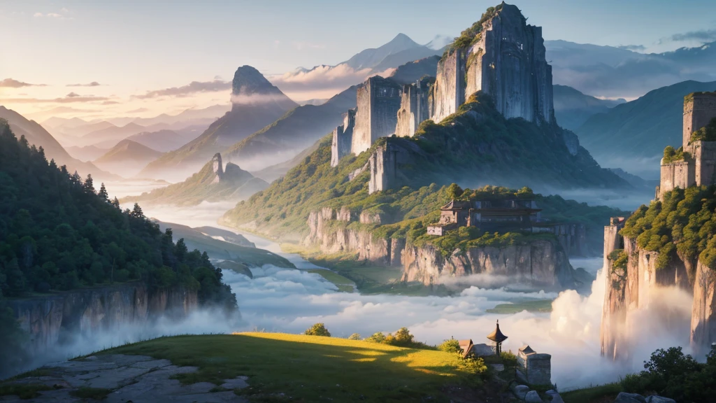 a mystical landscape with soaring limestone mountains, covered in fog. There are traditional East Asian style houses with tiered roofs, Curved and hidden between mountains and trees. A river or body of water winds through the landscape, with small works built along the river banks. The atmosphere is peaceful and picturesque, evokes the feeling of an ancient or mythical place, Unaffected by modern times. The light seemed to be early morning, contributing to the magical look of the scene.