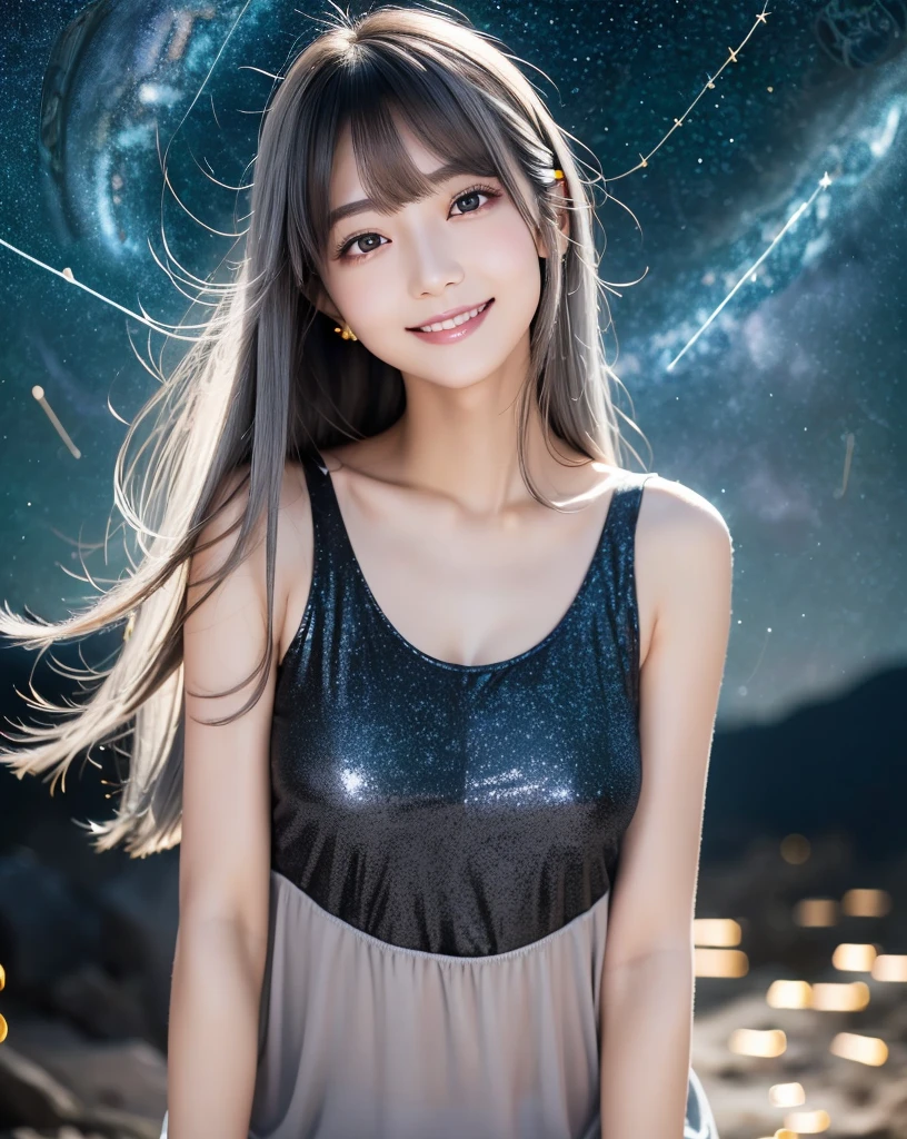 (highest quality, 32k, High resolution, Masterpiece:1.5, ), marimo_jet, Concept Art, Arousing pleasant enjoyment and curiosity, Expressing emotions, Have a rich imagination, Beautiful Japanese Women, An exceptionally beautiful face, Small Face Beauty, Perfect Human Anatomy, Magical big eyes, Motherhood and generosity, Deep Love, fleeting smile:1.1, Shiny black hair, Super Long Straight Silk Hair, Asymmetrical bangs, Hair between the eyes, Transparent, soft white skin, Sharp eyebrows, Thin lashes, ((Natural Makeup:1.1)), Cheek highlighter, Pale pink detailed lips, ((Grey tank top:1.3)), High resolutionの完璧な鎖骨, High resolutionの美しい胸元, Slim figure with ample breasts, High resolutionの美しい太もも, ((Beautiful sparkling starry sky background:1.5)), Professional Lighting, Professional photographer, Professional models, mysterious