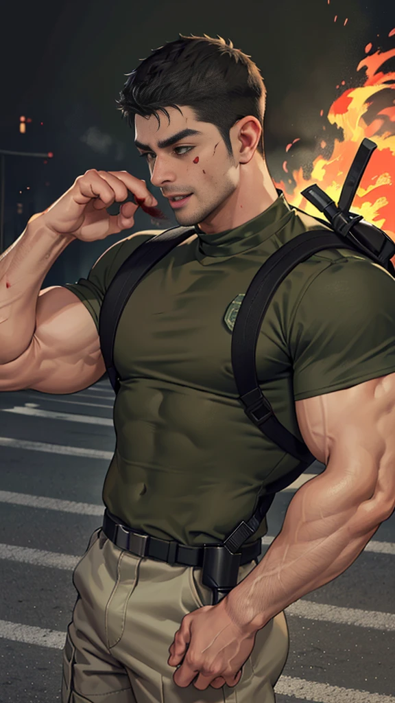 upper body shot, low camera angle, Chris Redfield kneeling, Shocked, open mouth wide, Arms beside the body, straight, front ,(black hair), smile open mouth, (Wear color olive green round neck T-shirt: 1.5), (with a Police badge: 1.2), olive green cargo, black glove, (blood splatters) ,( abrasions on face: 1.2), (Blood stains on the face and body: 1.2), Korean guy , korean men, (High gloss details), chest muscles, large arm muscles, blood vessel, Big muscles, Broad shoulders, looking at the audience, Balancing the eyes, middle of the road , (Carrying a black backpack: 1.3) ,walk to camera,(Fire blazes behind)