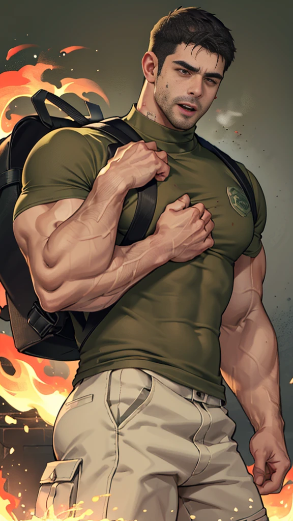 upper body shot, low camera angle, Chris Redfield kneeling, Shocked, open mouth wide, Arms beside the body, straight, front ,(black hair), smile open mouth, (Wear color olive green round neck T-shirt: 1.5), (with a Police badge: 1.2), olive green cargo, black glove, (blood splatters) ,( abrasions on face: 1.2), (Blood stains on the face and body: 1.2), Korean guy , korean men, (High gloss details), chest muscles, large arm muscles, blood vessel, Big muscles, Broad shoulders, looking at the audience, Balancing the eyes, middle of the road , (Carrying a black backpack: 1.3) ,walk to camera,(Fire blazes behind)
