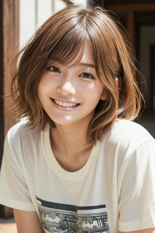 Japanese,beautiful girl,Natural Shape,Loosely permed bob hair,blonde,Natural light,has freckles,Intricate details,Realistic,Smiling with teeth showing,Oversized T-shirt