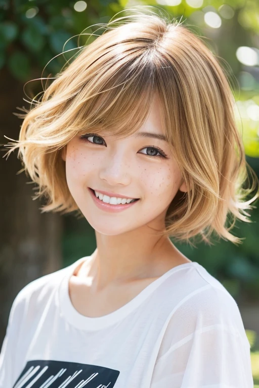 Japanese,beautiful girl,Natural Shape,Loosely permed bob hair,blonde,Natural light,has freckles,Intricate details,Realistic,Smiling with teeth showing,Oversized T-shirt