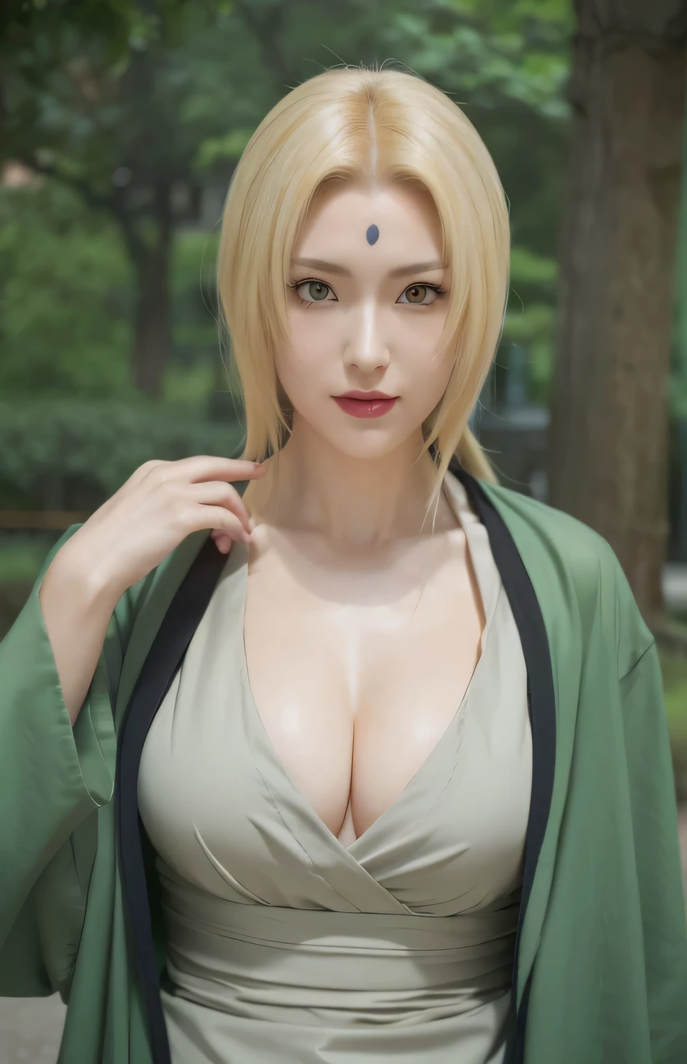 (female,anime,Anime Shippuden,tsunade:1.1),(long hair,yellow hair),(yellow eyes,beautiful detailed eyes,realistic eyes:1.1),(smile,beautiful detailed smile:1.1),(green clothes,realistic clothes),(city background,urban scenery),(ultra detail,extremely detailed:1.2),(realistic,photorealistic:1.37),(red lips,vivid red lips)Best Quality, Masterpiece, Ultra High Resolution, (Realistic: 1.4), Tsunade in the anime naruto ,Original Photo, Side Light, Delicate Beautiful Eyes: 1.2, Masterpiece* Portrait, Realism, 1 Girl, Highly Detailed, perfect, realistic photo, realistic anime, realistic style, perfect character, realistic girl, super premium quality, HD photos, anime and realistic, characteristics of long hair, long parted bangs due to model M, has a small black mark on the forehead, beautiful elegant face, big breasts, wearing a Japanese kimano, quality detail, realism