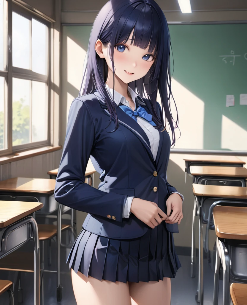 (((realistic:1.3,masterpiece, highest quality,absurdres))),20 year old beauty,solo,((very small head)),long hair,bangs,dark blue hair,dark blue eyes,blush,smile,medium breasts,((very long body)),((toned body:1.2,slender body)),skinny,gleaming skin,shiny skin,((School uniform、Blazer jacket、Pleated mini skirt)),classroom、School building、