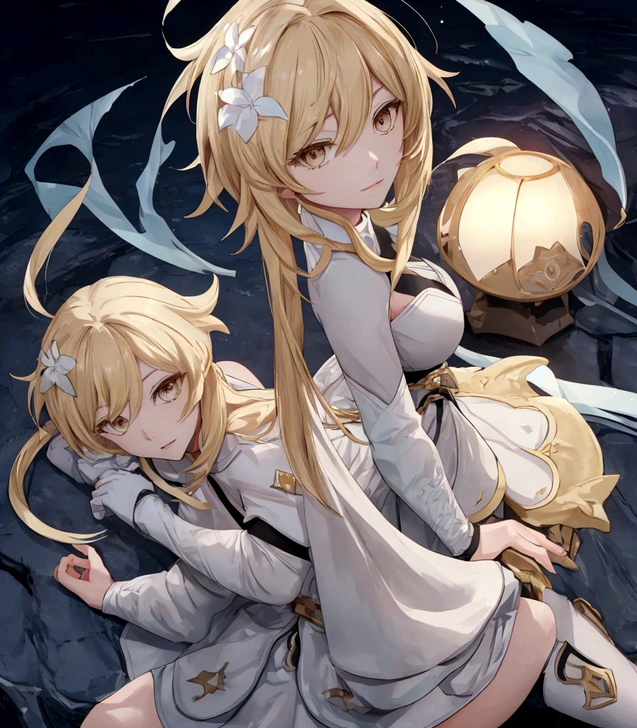 lumine \(genshin impact\), stand, side,  hands down