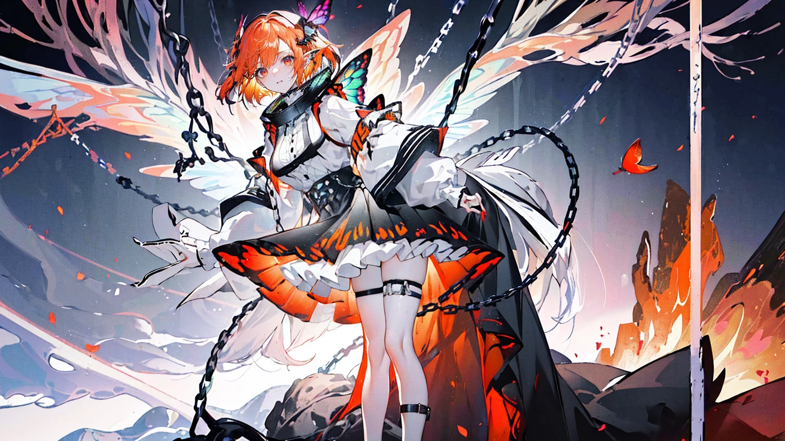 (Super detailed)),((illustration)),((masterpiece)),(((need))),((fine、Highest quality CG Unity 8K wallpapers,masterpiece),((4k,masterpiece,best quality)),Woman with short orange hair,Rainbow eyes,Tall,Sexy body,Big breasts,Pointed ears,Elf,cold,In an empty dream,Black and White,Black and White相间的女仆装,Black shoes,Under the skirt is decent clothing,Hanging red-hot chains in the air,Chains sticking out from the ground,Tied by chains,There are fallen leaves under my feet,Colorful butterflies,Colorful wings,Standing in the middle,Chains on hands,Red leg ring,Red collar,A rainbow across the sky,Red heart hanging from a chain,Stay calm。Full body picture