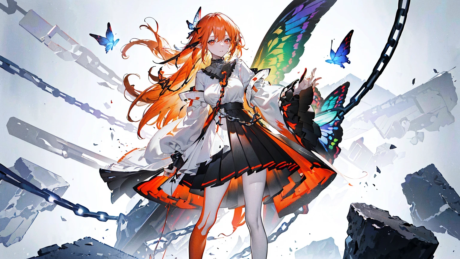 (Super detailed)),((illustration)),((masterpiece)),(((need))),((fine、Highest quality CG Unity 8K wallpapers,masterpiece),((4k,masterpiece,best quality)),Woman with short orange hair,Rainbow eyes,Tall,Sexy body,Big breasts,Pointed ears,Elf,cold,In an empty dream,Black and White,Black and White相间的女仆装,Black shoes,Under the skirt is decent clothing,Hanging red-hot chains in the air,Chains sticking out from the ground,Tied by chains,There are fallen leaves under my feet,Colorful butterflies,Colorful wings,Standing in the middle,Chains on hands,Red leg ring,Red collar,A rainbow across the sky,Red heart hanging from a chain,Stay calm。Full body picture