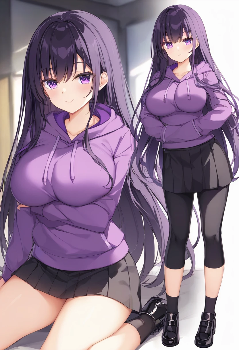 In a purple hoodie、Wearing a black short skirt、Wearing black socks、wearing black shoes。hair is black、Purple eyes。Breasts are K cup。The skin is white and、Long hair。Has one brother and one sister。My sister has an E cup。All in purple hoodies。All hair is black。My brother is wearing black pants.。